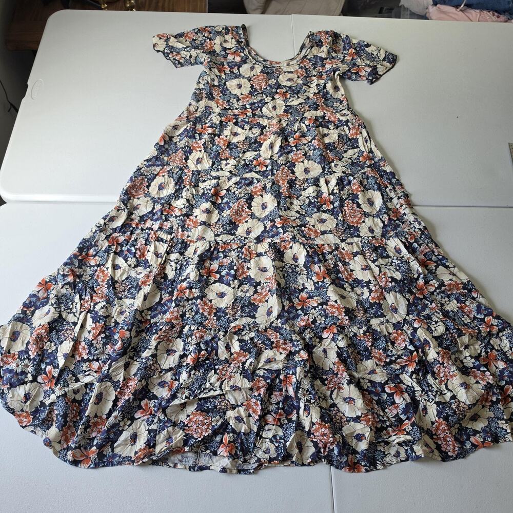 Natural Life Dress Womens M Blue Floral Whimsy Scoop Neck Tiered Maxi Boho